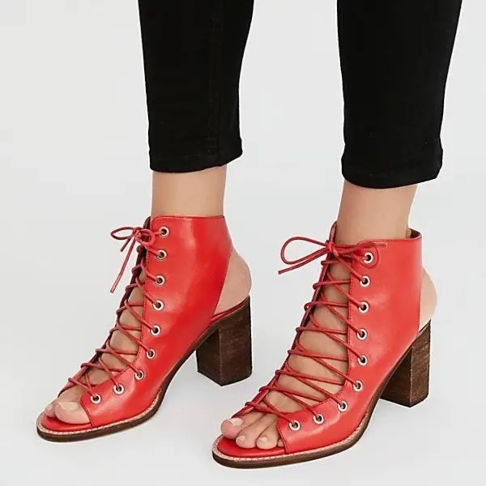 NWT NIB Jeffrey Campbell Free People Leather Lace Up Heel Red Size 8